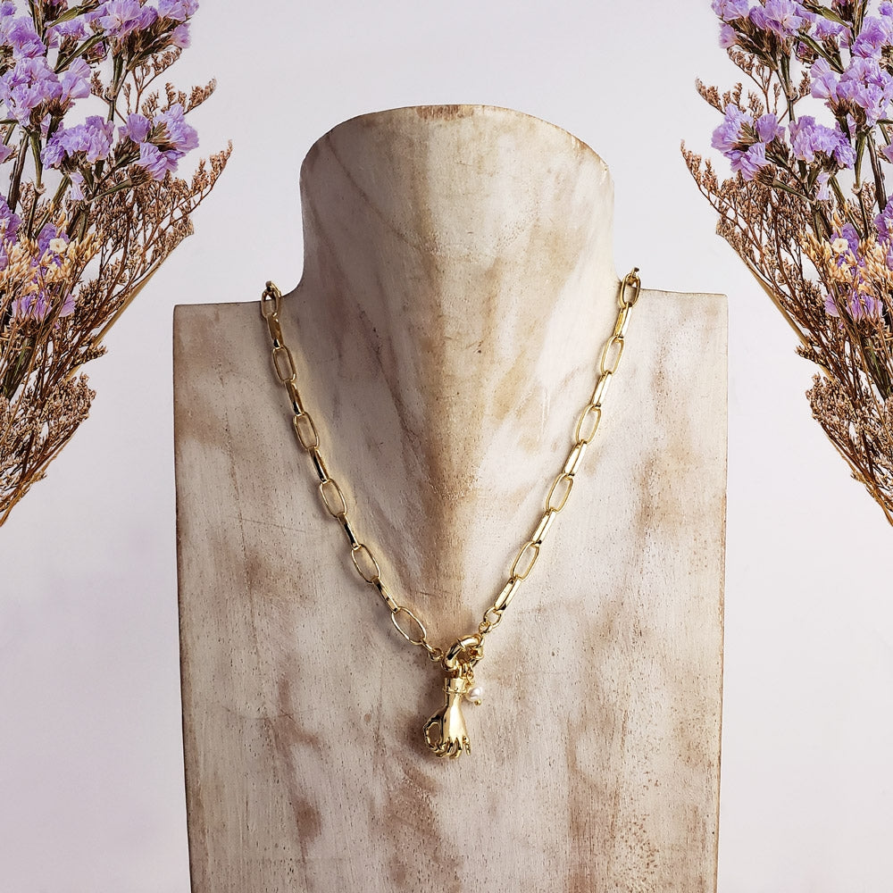 COLLAR CADENA ESLABONES BROCHE MARINERO MANINTA OK PERLA COLGANTE EN CHAPA DE ORO