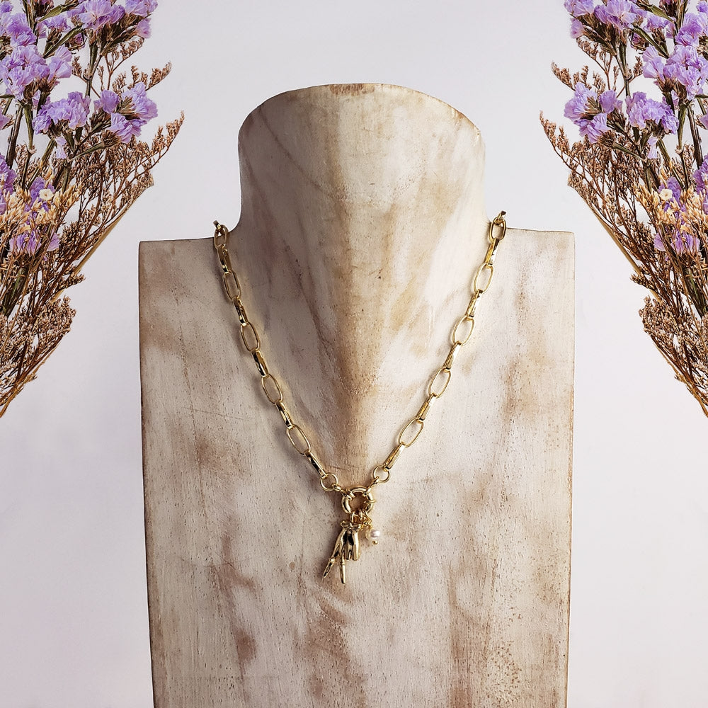 COLLAR CADENA ESLABONES BROCHE MARINERO MANINTA AMOR Y PAZ PERLA COLGANTE EN CHAPA DE ORO