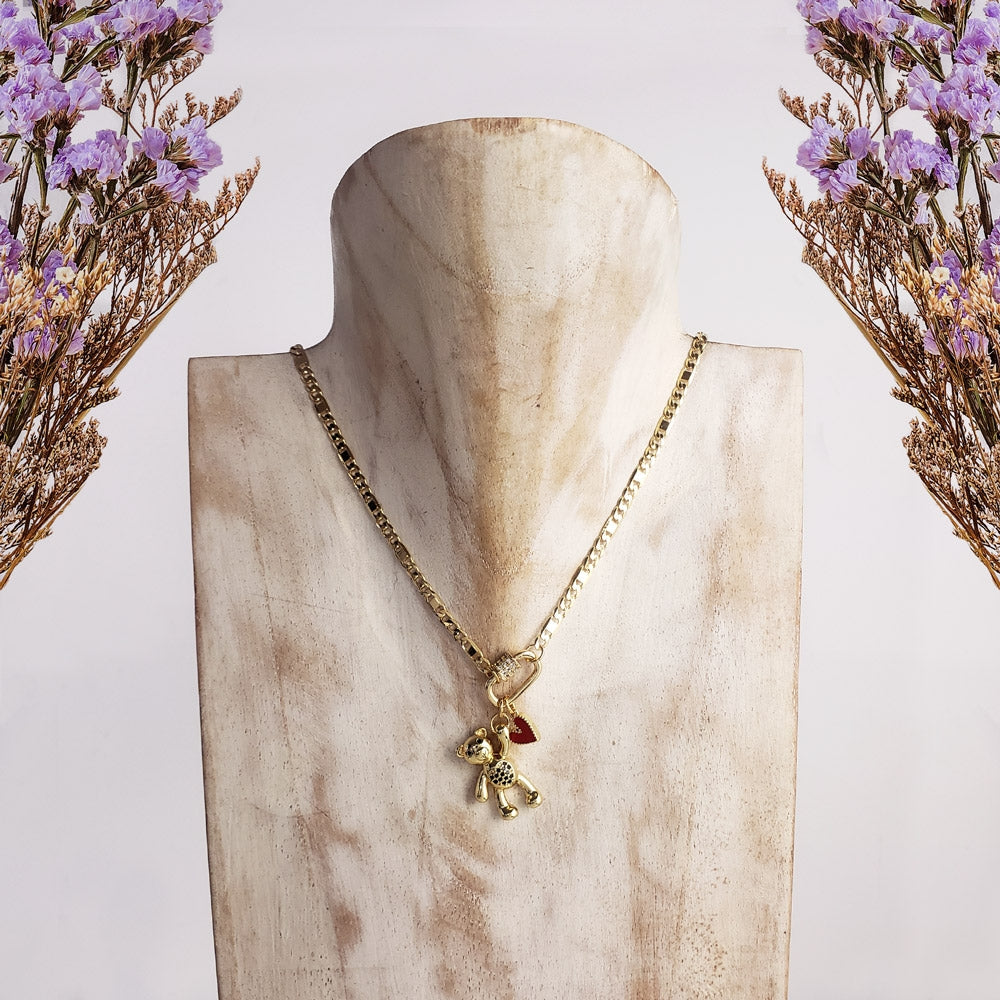 COLLAR LARGO CADENA DELGADA BROCHE MINI OSITO COLGANTE CORAZON MINI ESMALTADO EN CHAPA DE ORO