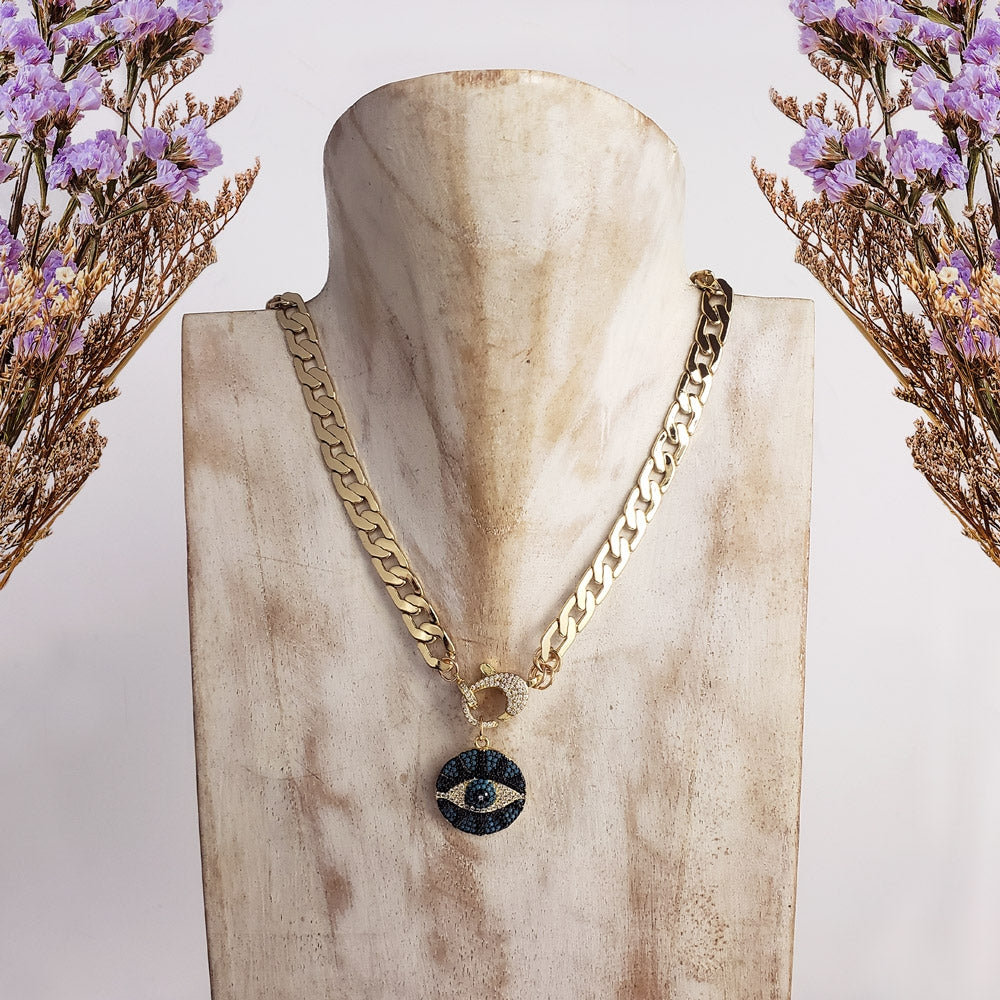 COLLAR CADENA BARBADA GRUESA, BROICHE PERICO ZIRCONIAS DIJE OJO AZUL TURQUESA EN MICROPAVE EN CHAPA DE ORO