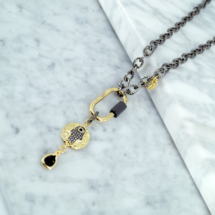 COLLAR CADENA NEGRA 45CM, DIJE BROCHE CIRCULO MANO HAMSA GOTA CRISTAL EN CHAPA DE ORO