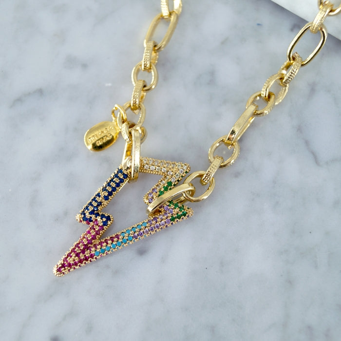 COLLAR LARGO 45CM, DIJE BROCHE RAYOS ZIRCONIA COLORES EN CHAPA DE ORO