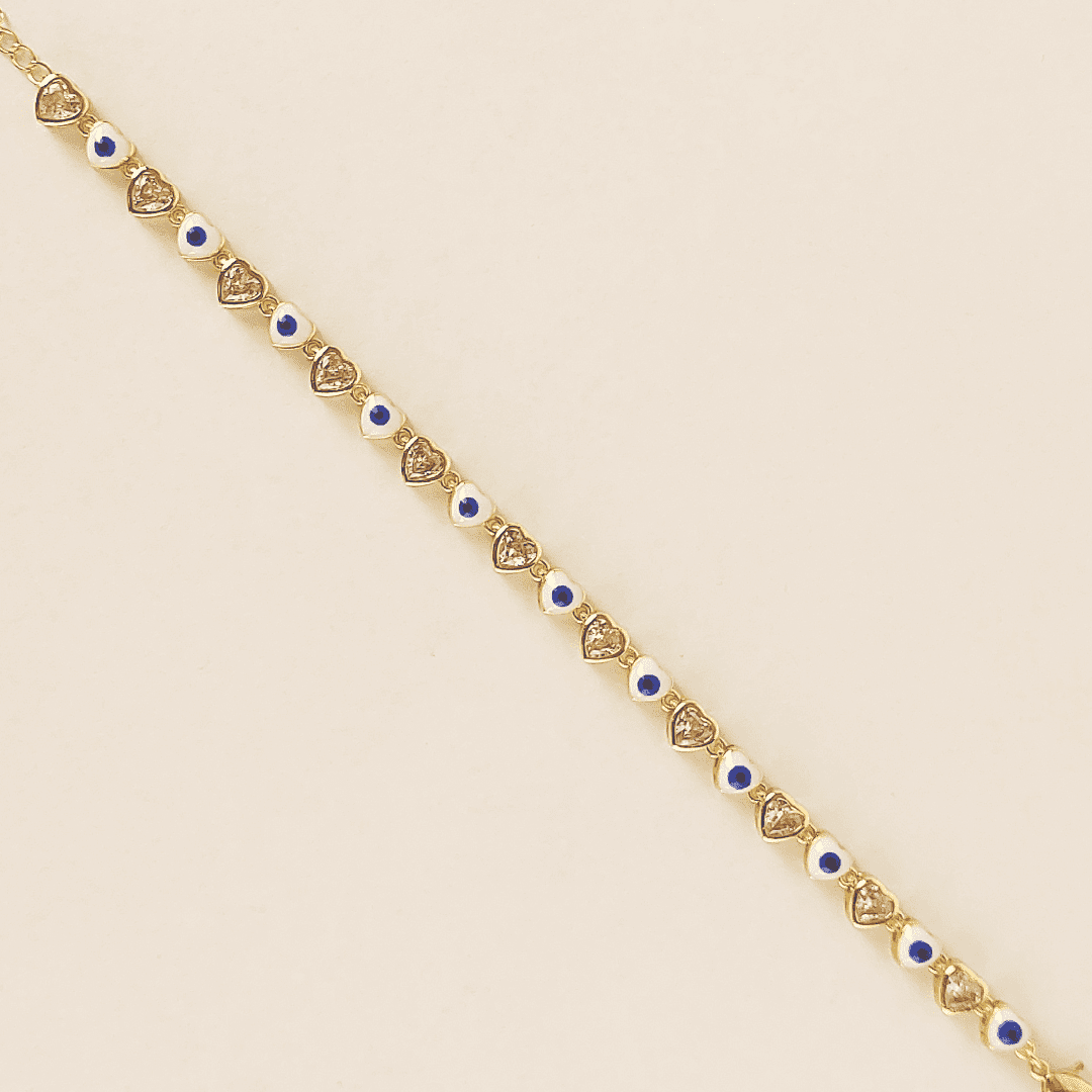 Pulsera de eslabones y ojo turco y corazones de color azul