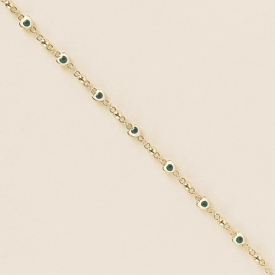 Pulsera de eslabones y ojo turco y corazones de color verde