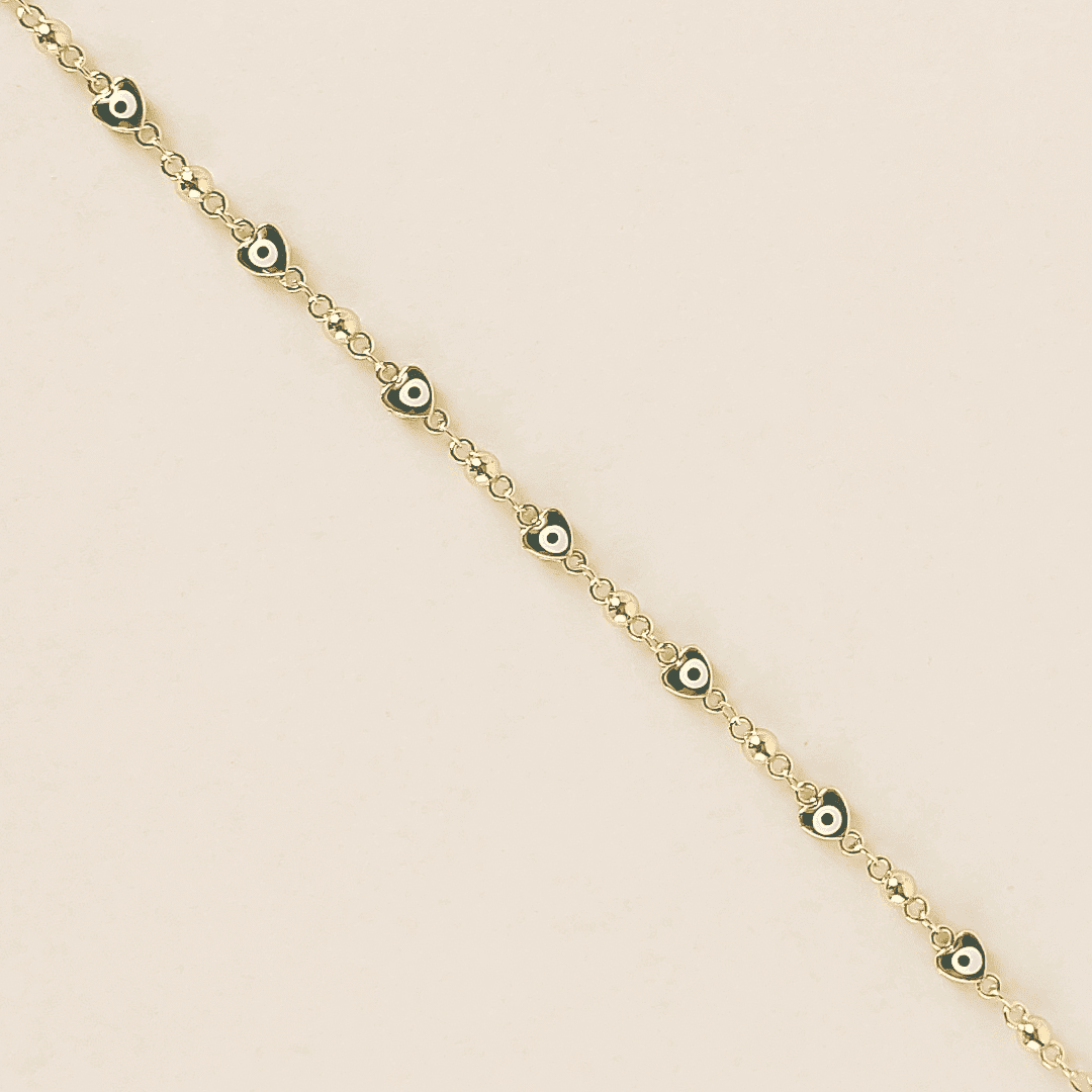 Pulsera de eslabones y ojo turco y corazones de color negro