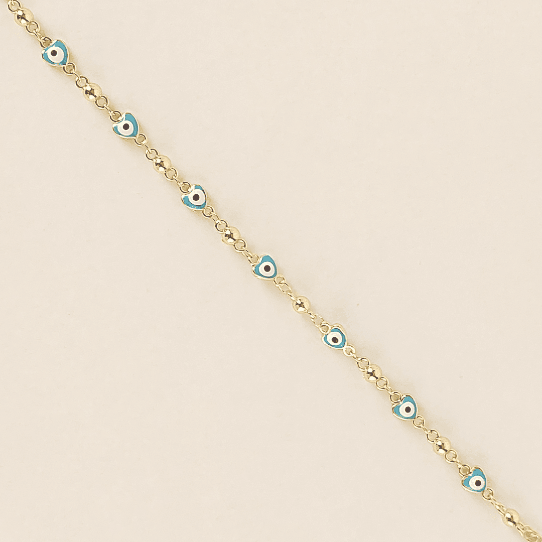 Pulsera de eslabones y ojo turco y corazones de color azul cielo
