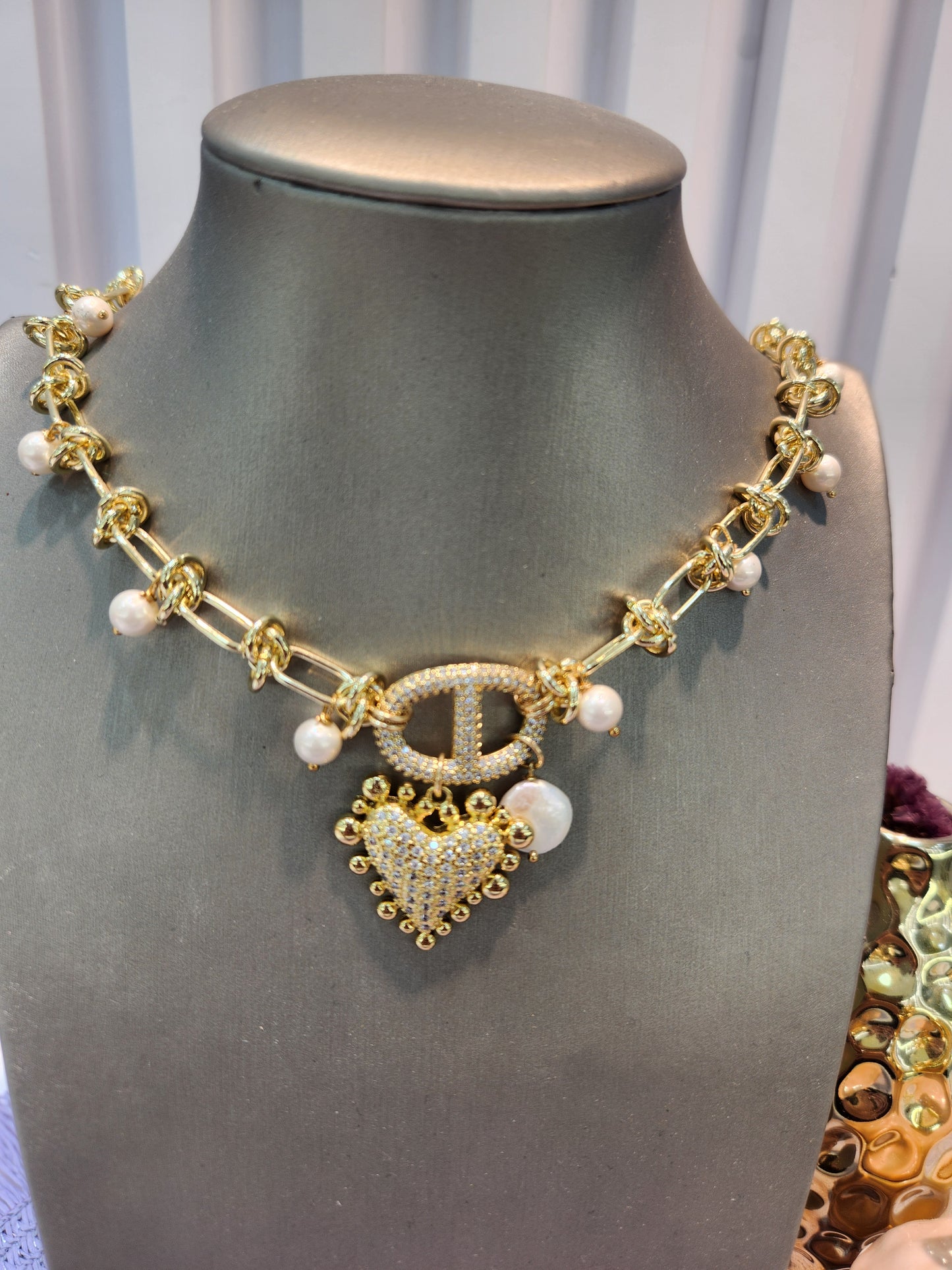 Collar cadena nudos perla dije corazon zirconia