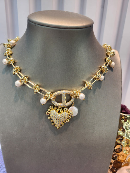 Collar cadena nudos perla dije corazon zirconia