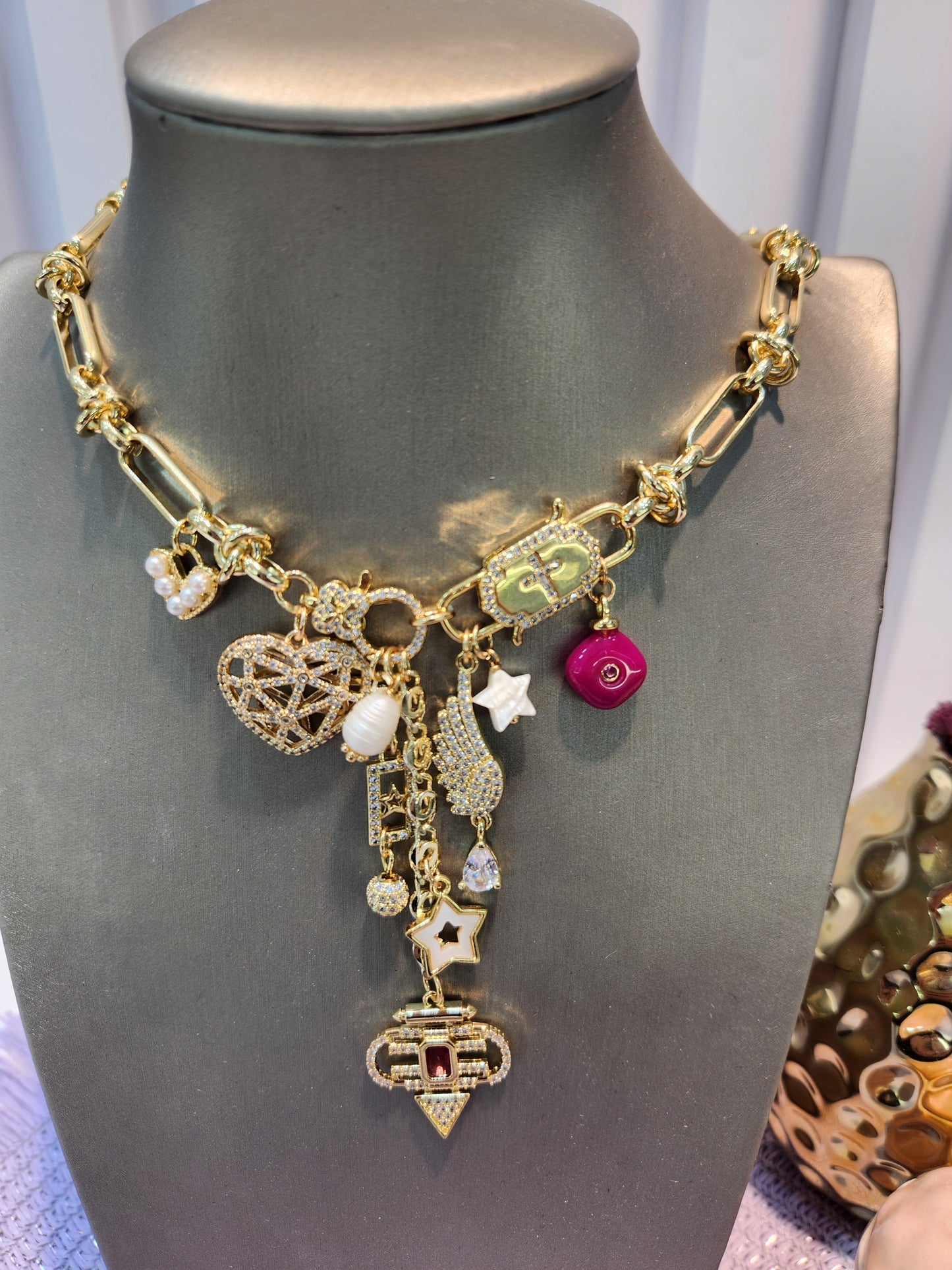 Collar multidijes zirconia piedra jade rosa mini