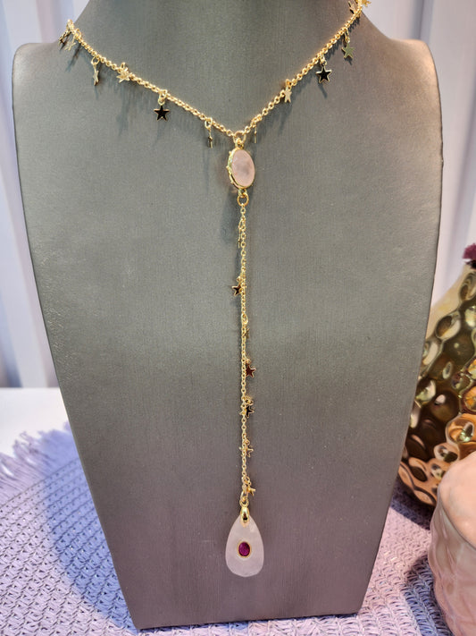 Collar en V cruces pendulo cuarzo rosa