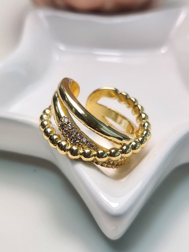 Anillo ajustable cruzado bolas y zirconias