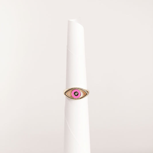 ANILLO AJUSTABLE OJO ESMALTADO ROSA EN CHAPA DE ORO