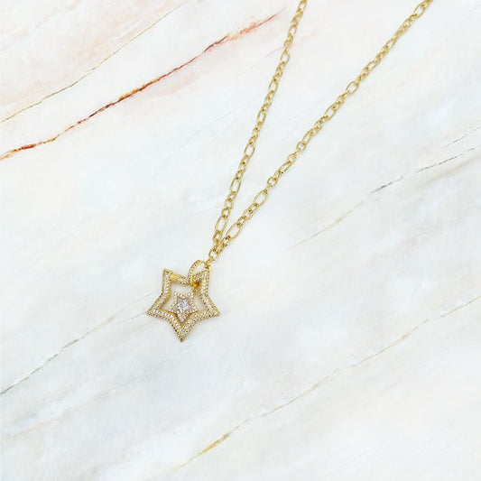 COLLAR LARGO DIJE ESTRELLAS CON ZIRCONIAS, ESTRELLA COLGANTE EN CHAPA DE ORO