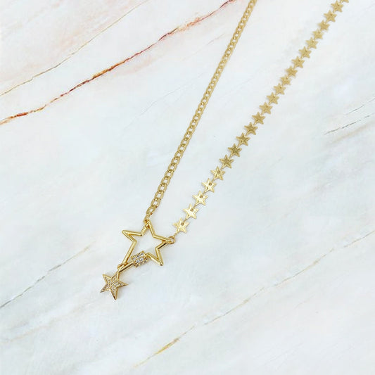 COLLAR LARGO DOBLE CADENA ESTRELAS, BARBADA DIJE ESTRELLA CON COLGANTE EN CHAPA DE ORO