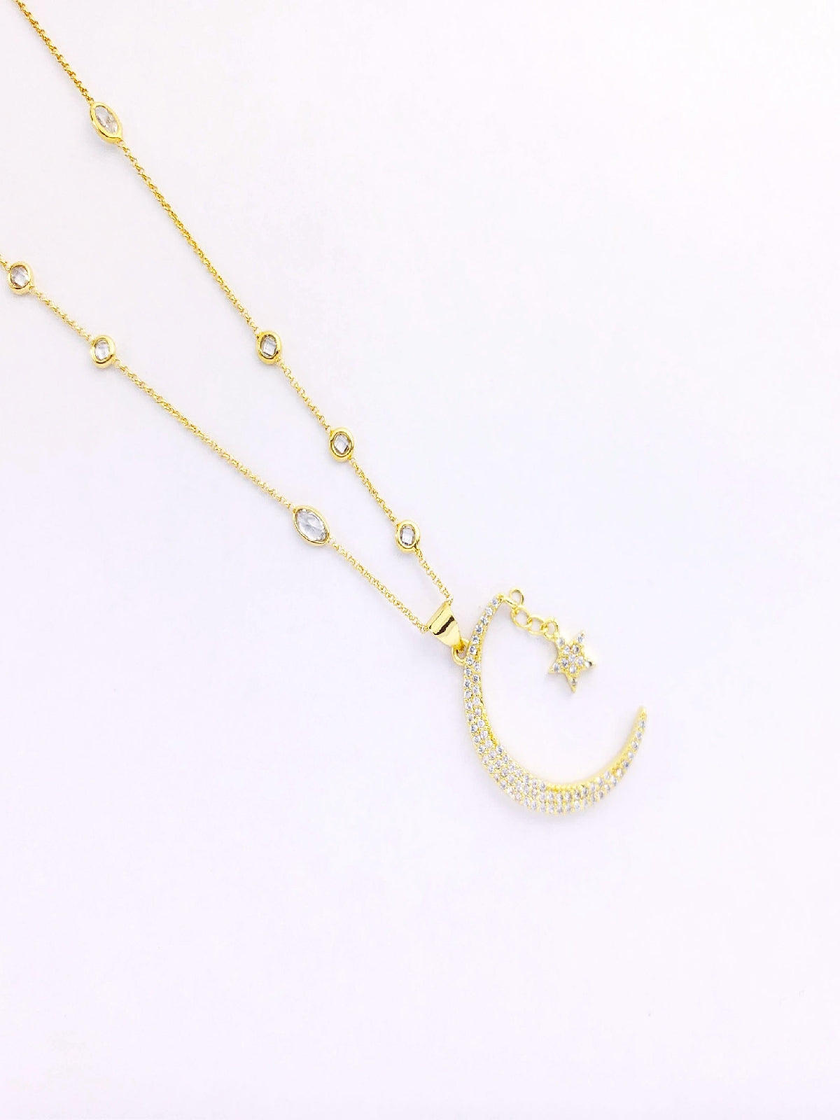 COLLAR CADENA CRITALES DIJE LUNA COLGANTE ESTRELLAS CON ZIRCONIAS EN CHAPA DE ORO