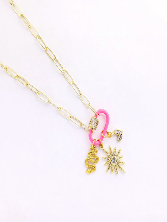 COLLAR ESLABONES DELGADOS BROCHE ROSA NEON DIJES ESTRELLA CORAZON SERPIENTE ZC EN CHAPA DE ORO