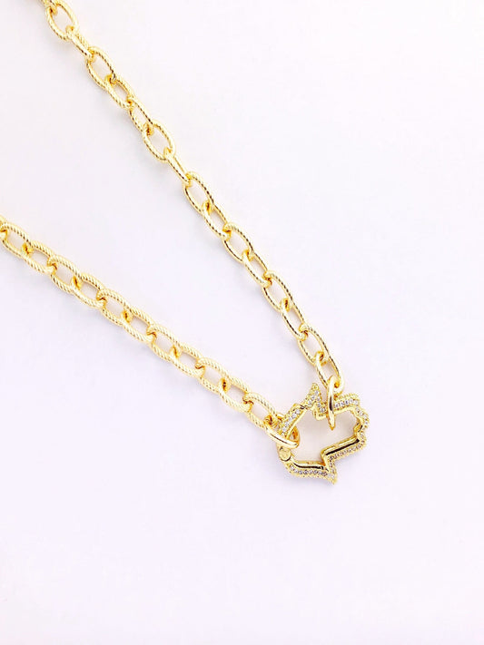 COLLAR ESLABONES ARGOLLA OVAL TRENZADA DIJE CLIP MANO HAMSA CON ZIRCONIAS EN CHAPA DE ORO