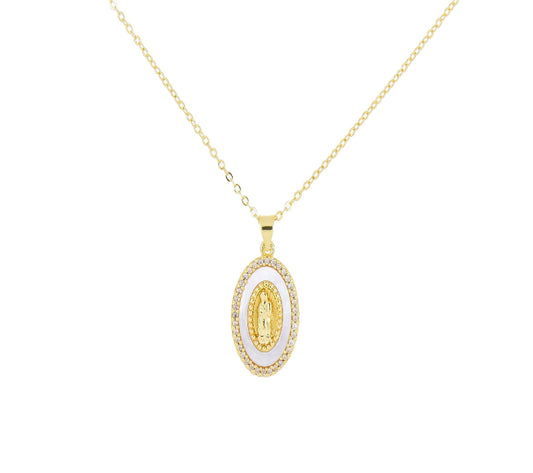 COLLAR MEDALLA MADRE PERLA VIRGEN DE GUADALUPE ZIRCONIAS EN CHAPA DE ORO