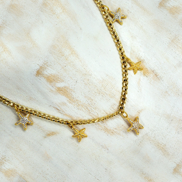 CHOKER 35CM, ESTRELLAS DE MAR CON ZIRCONIAS EN CHAPA DE ORO