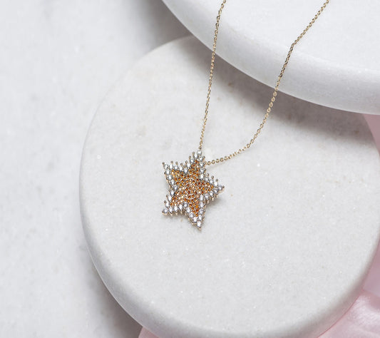 MAYOREO COLLAR ESTRELLA ZIRCONIAS NARANJA EN CHAPA DE ORO 14K